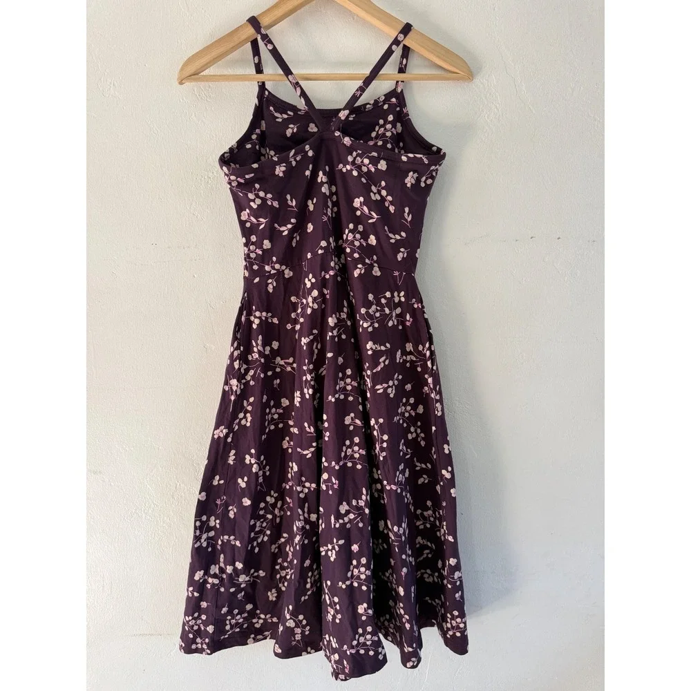Pact Organic Cotton Floral Fit & Flare Dress Purple Cross Back Pockets Small - Picture 2 of 7
